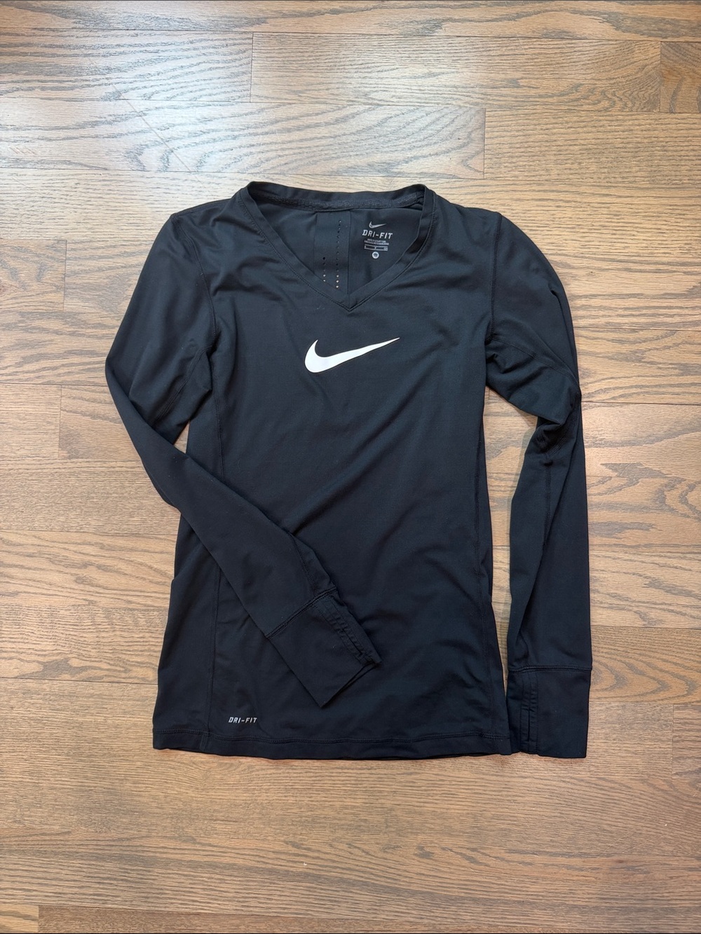 Nike Black Long Sleeve Dri-FIT V-Neck Top with White Swoosh